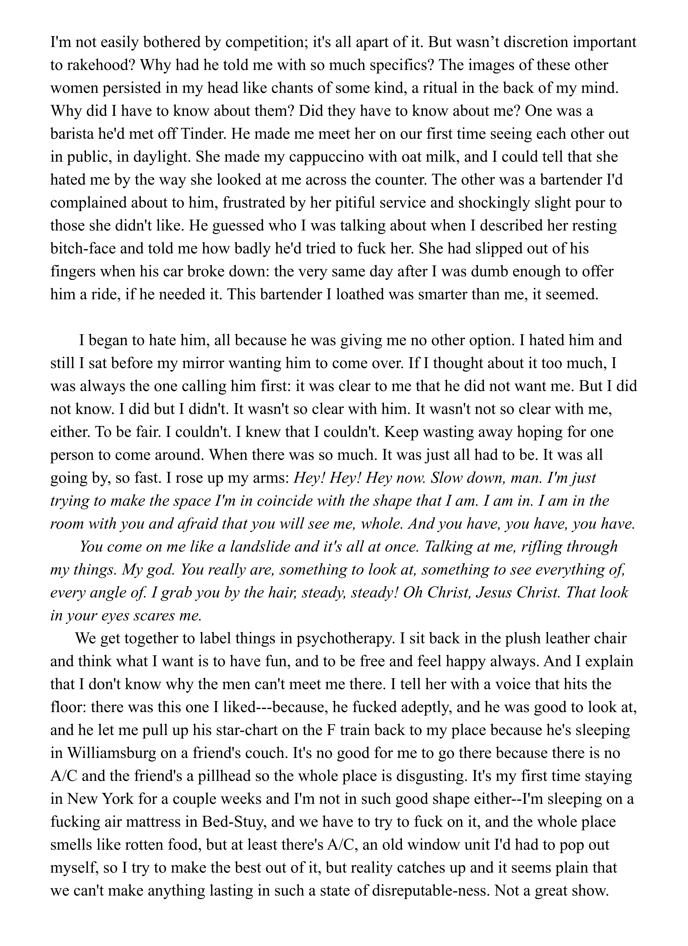 A page of text from a book or essay discussing personal experiences and reflections on relationships, therapy, and living arrangements.