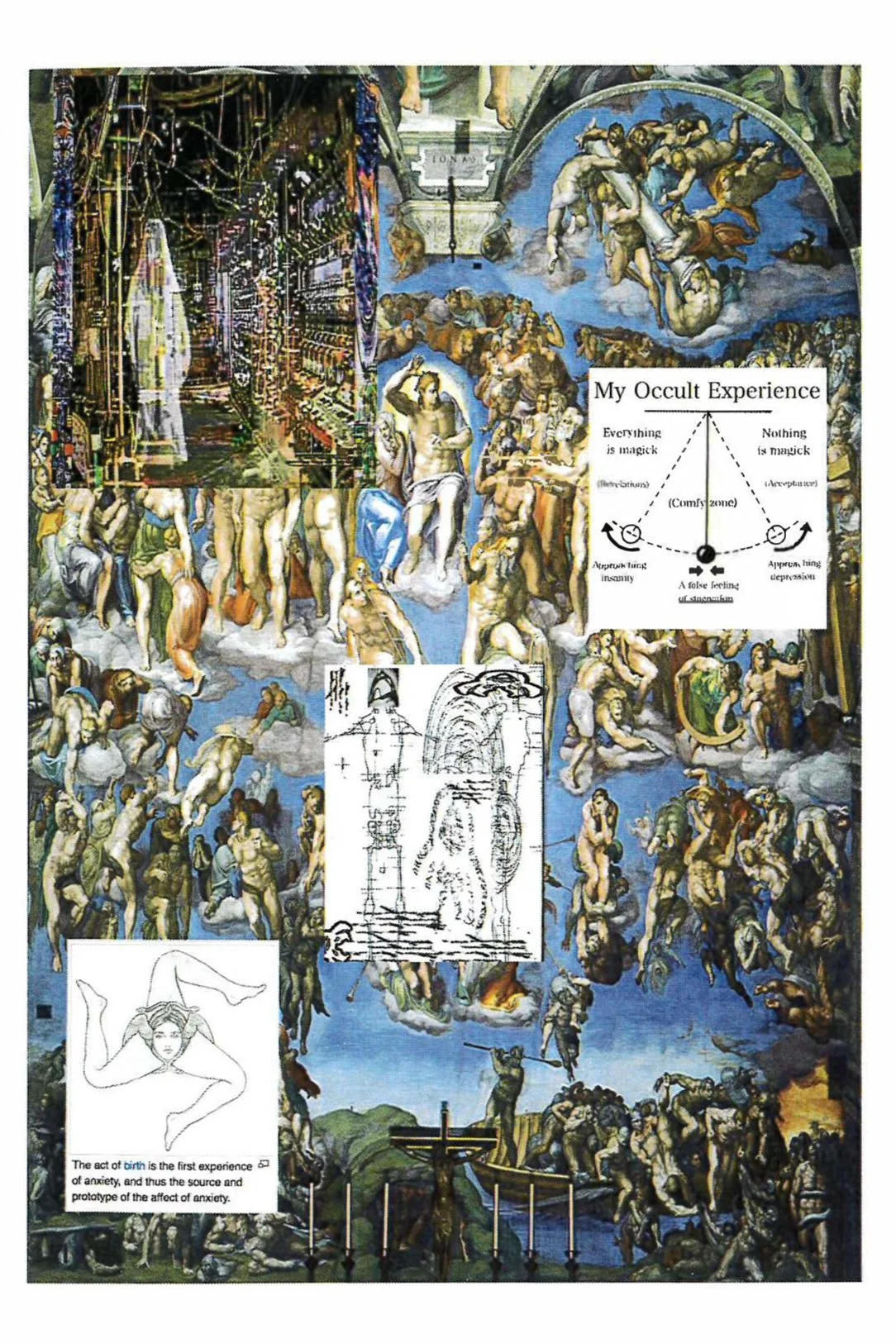 Collage of images and drawings over The Last Judgment by Michelangelo, including schematics, diagrams, and texts about occult experiences and emotional states.