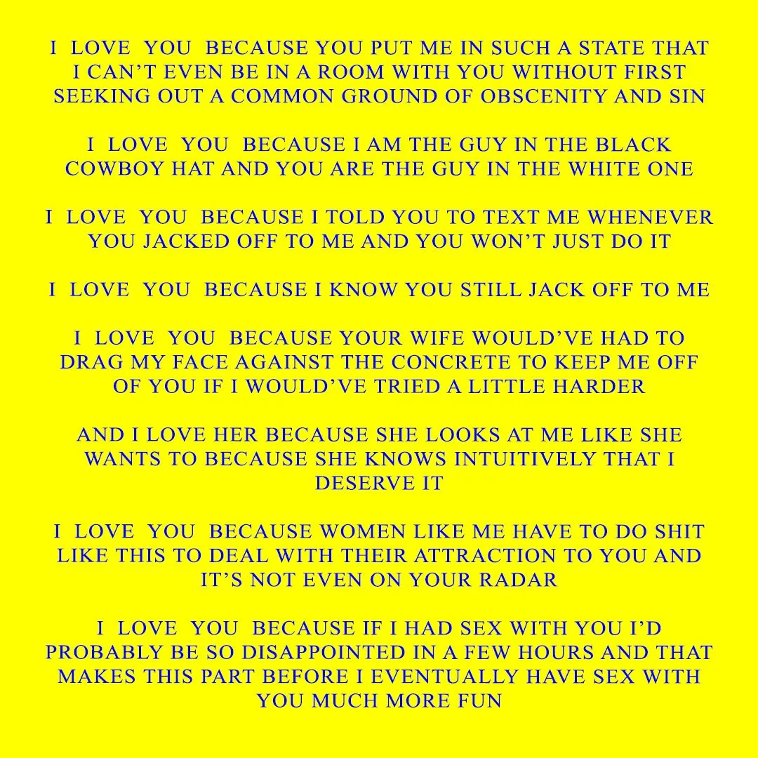 Text message on yellow background with blue font, expressing love and personal feelings.