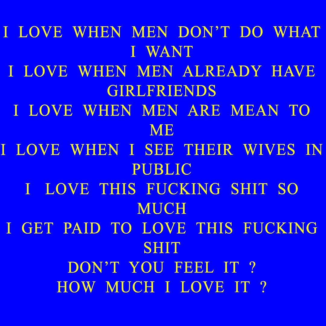 Text on blue background with yellow font expressing love for men's behavior and financial benefits from it.