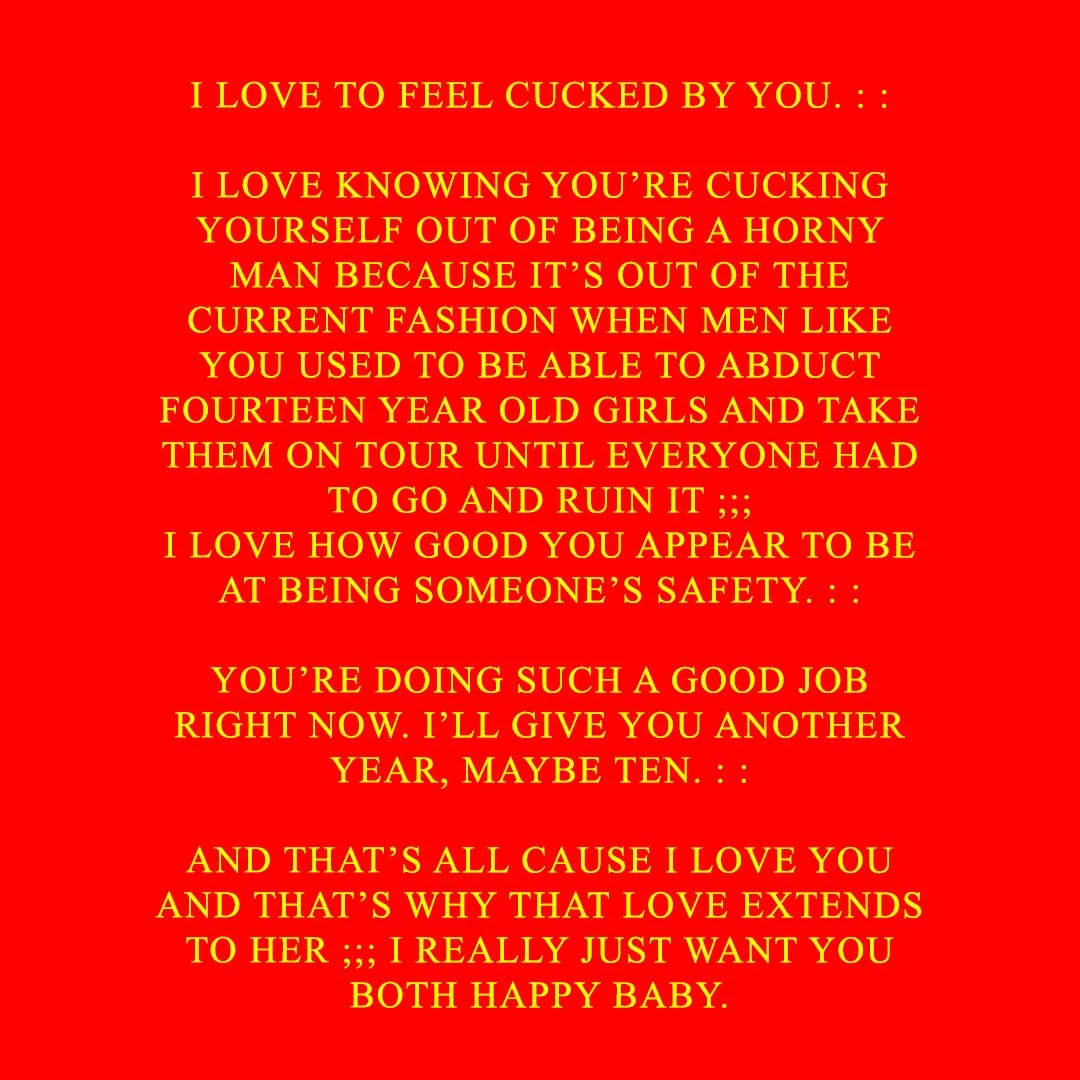 Red background with yellow text expressing love and desire.