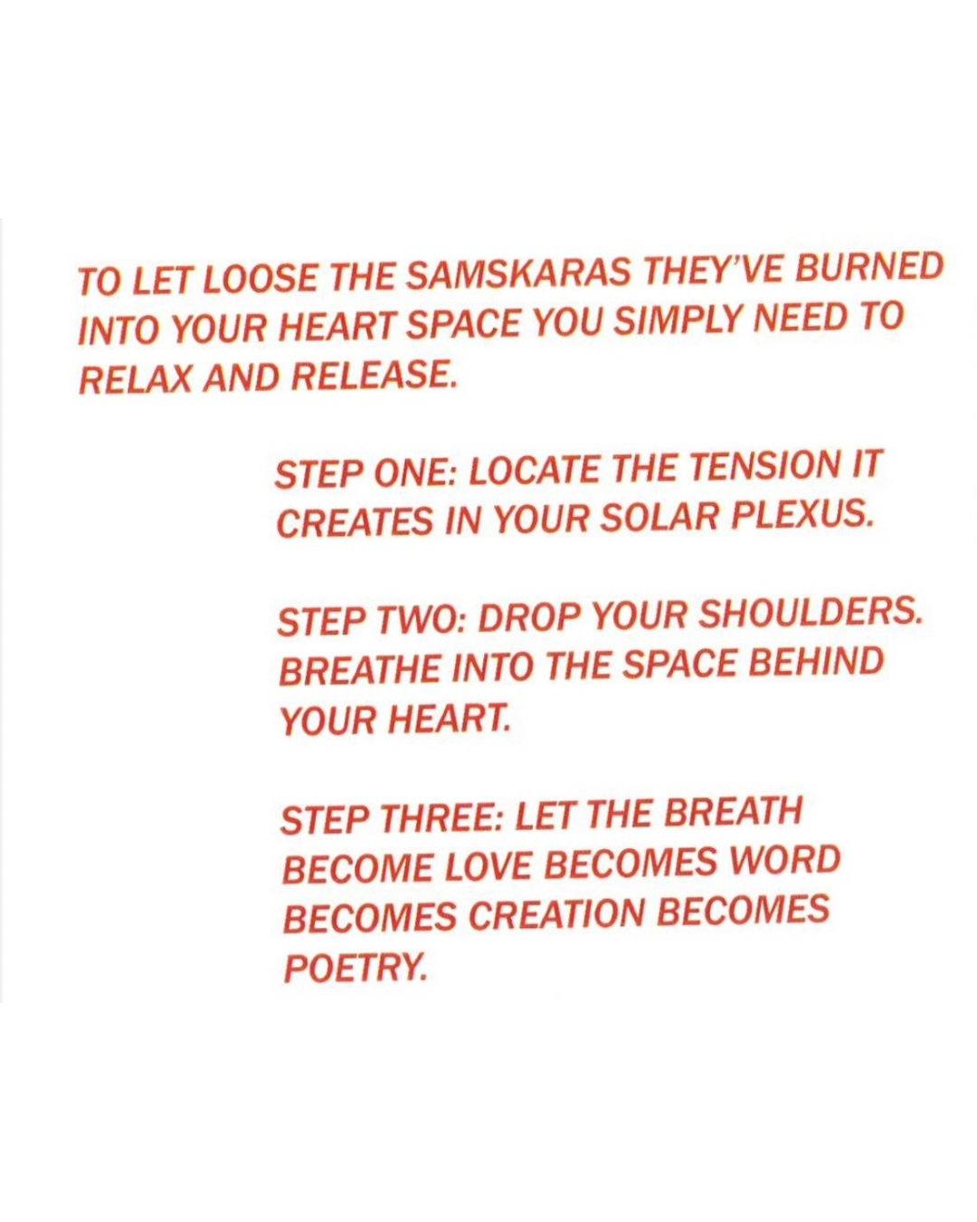 Inspirational text about releasing emotional tension through breathing and visualization, divided into three steps.