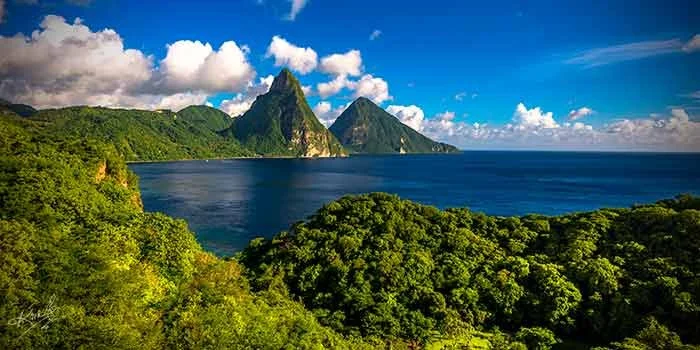View of the Piton mountains in St. Lucia from the Caribbean Sea