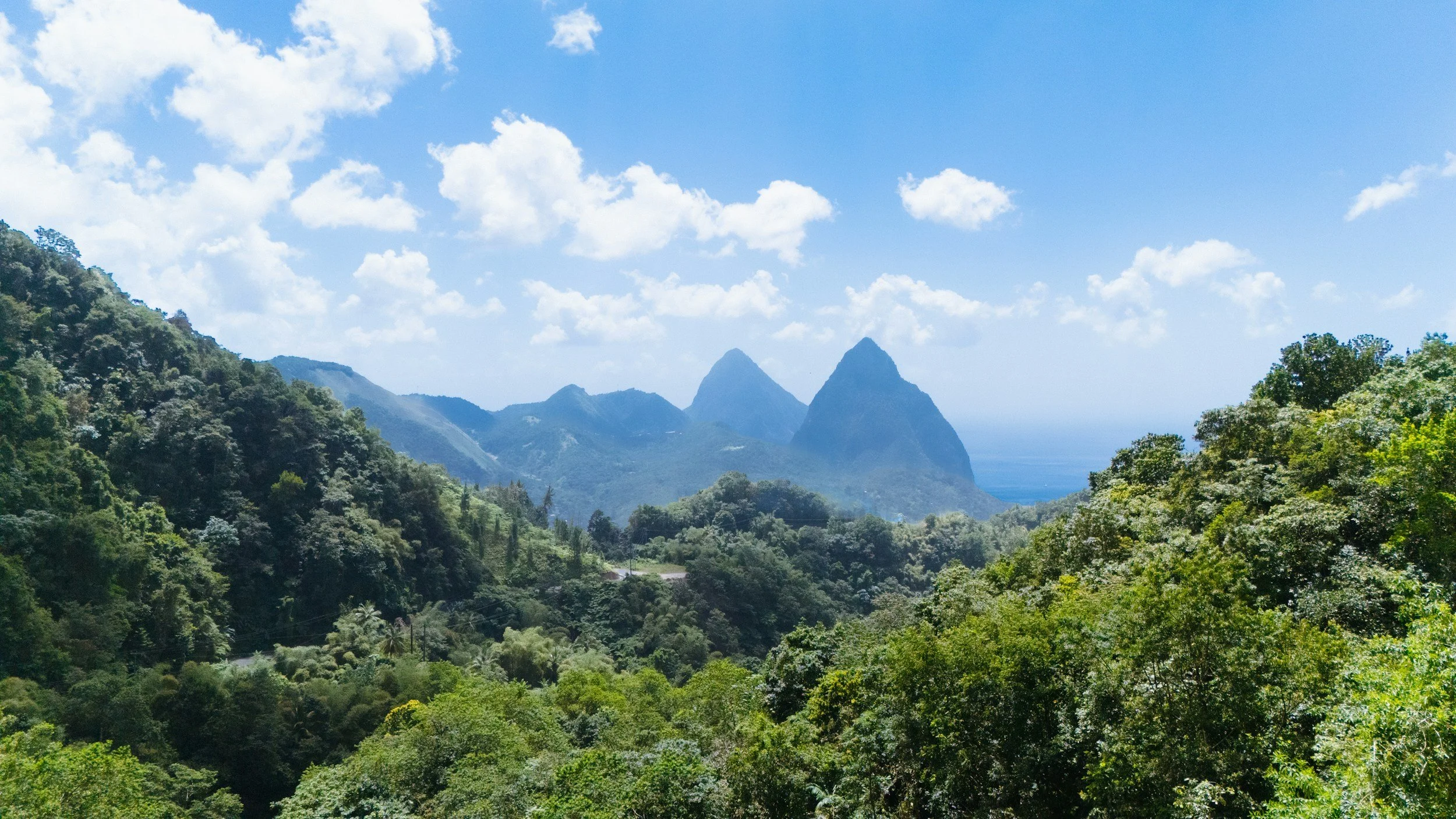 View of the jungle and Piton mountains in St. Lucia from the Caribbean Sea