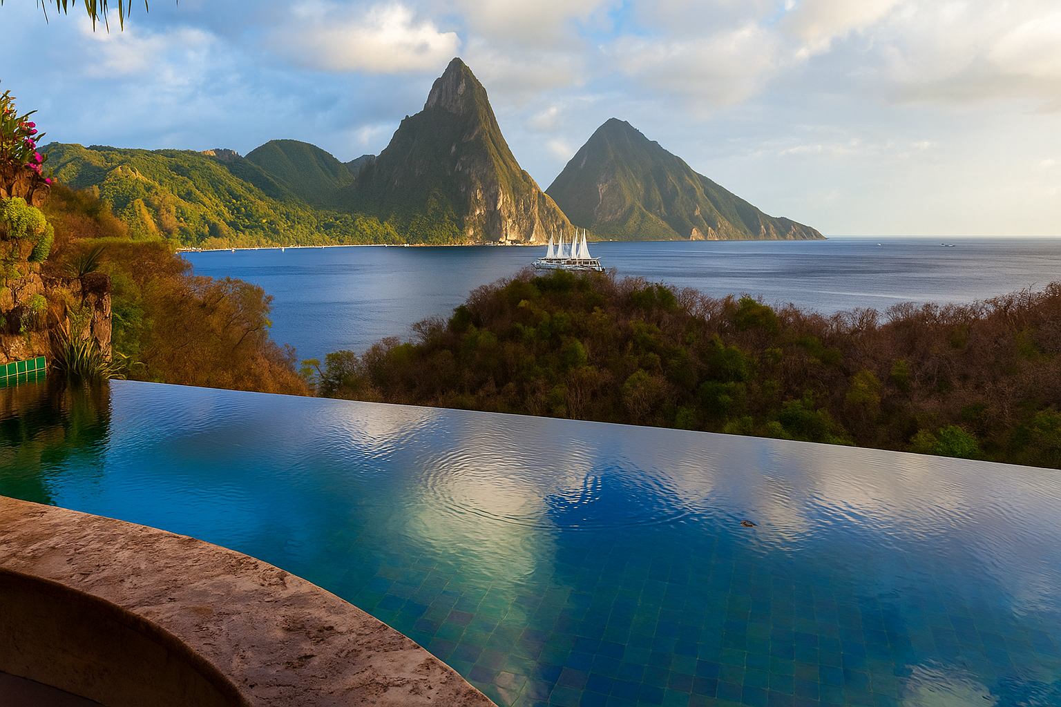 Infinity pool at a St. Lucia resort overlooking the Piton Mountains
