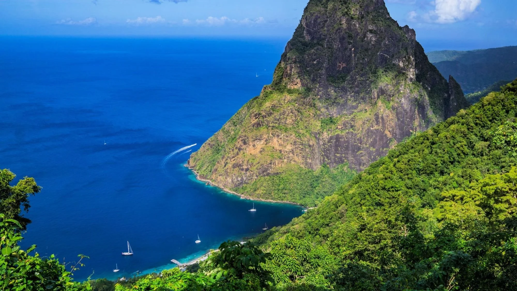 View of the Pitons and Sugar Beach from the Tet Paul Nature Trail in St. Lucia