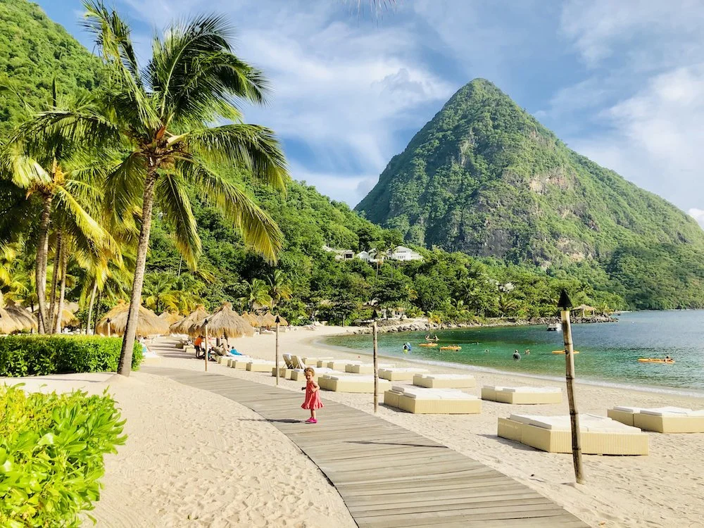 Sugar Beach in St. Lucia with the Piton mountains in the background