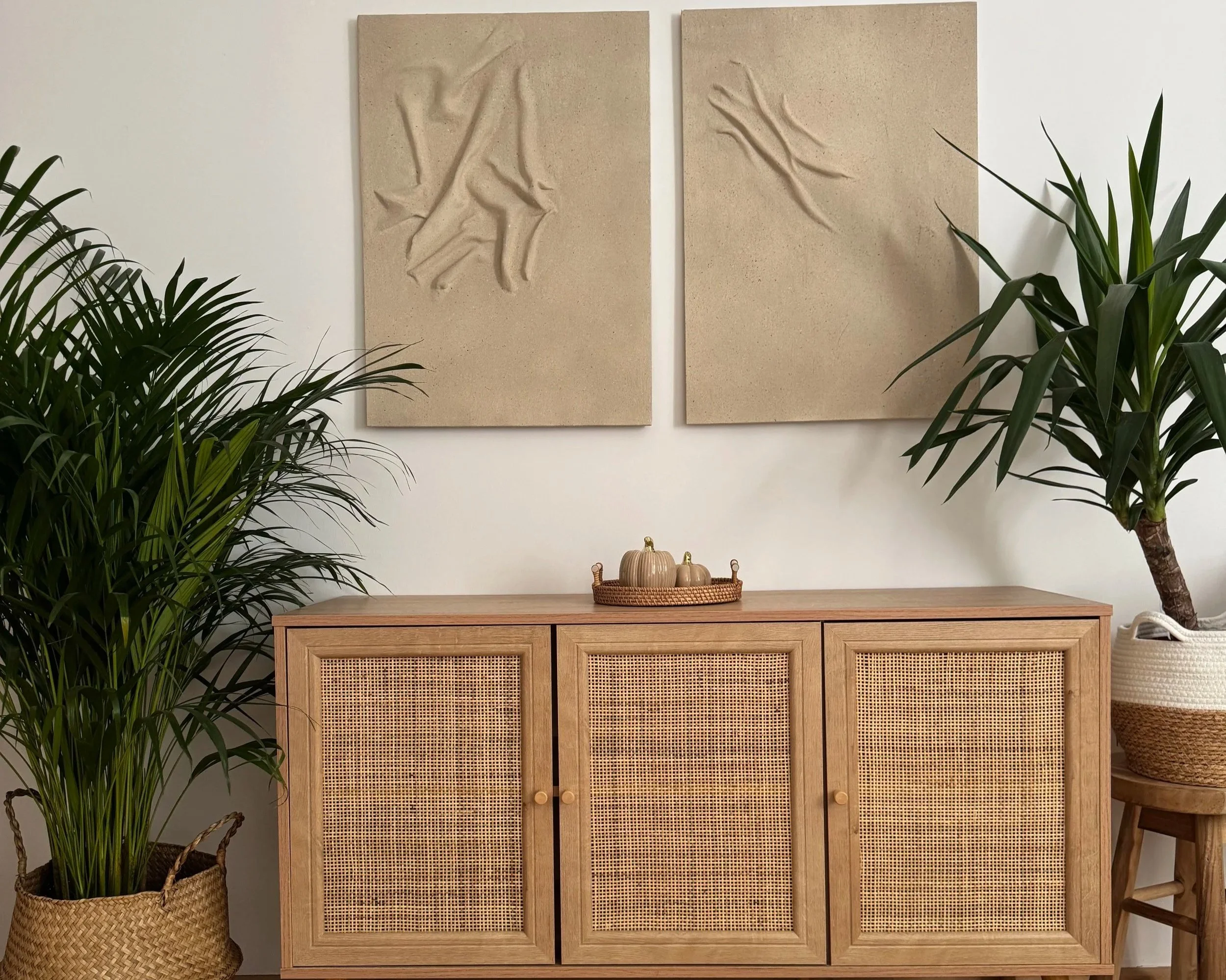 Sideboard mit Pflanzen und Wandbildern im Wartebereich der Praxis