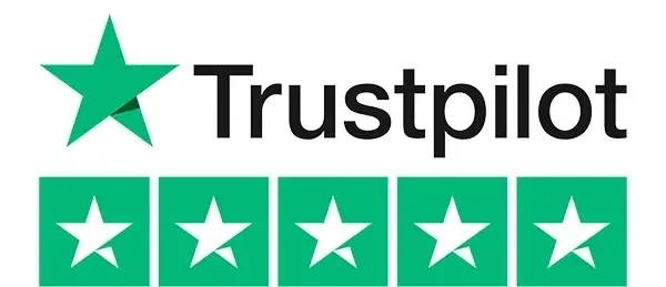 Trustpilot logo with five green stars and the company name in black text