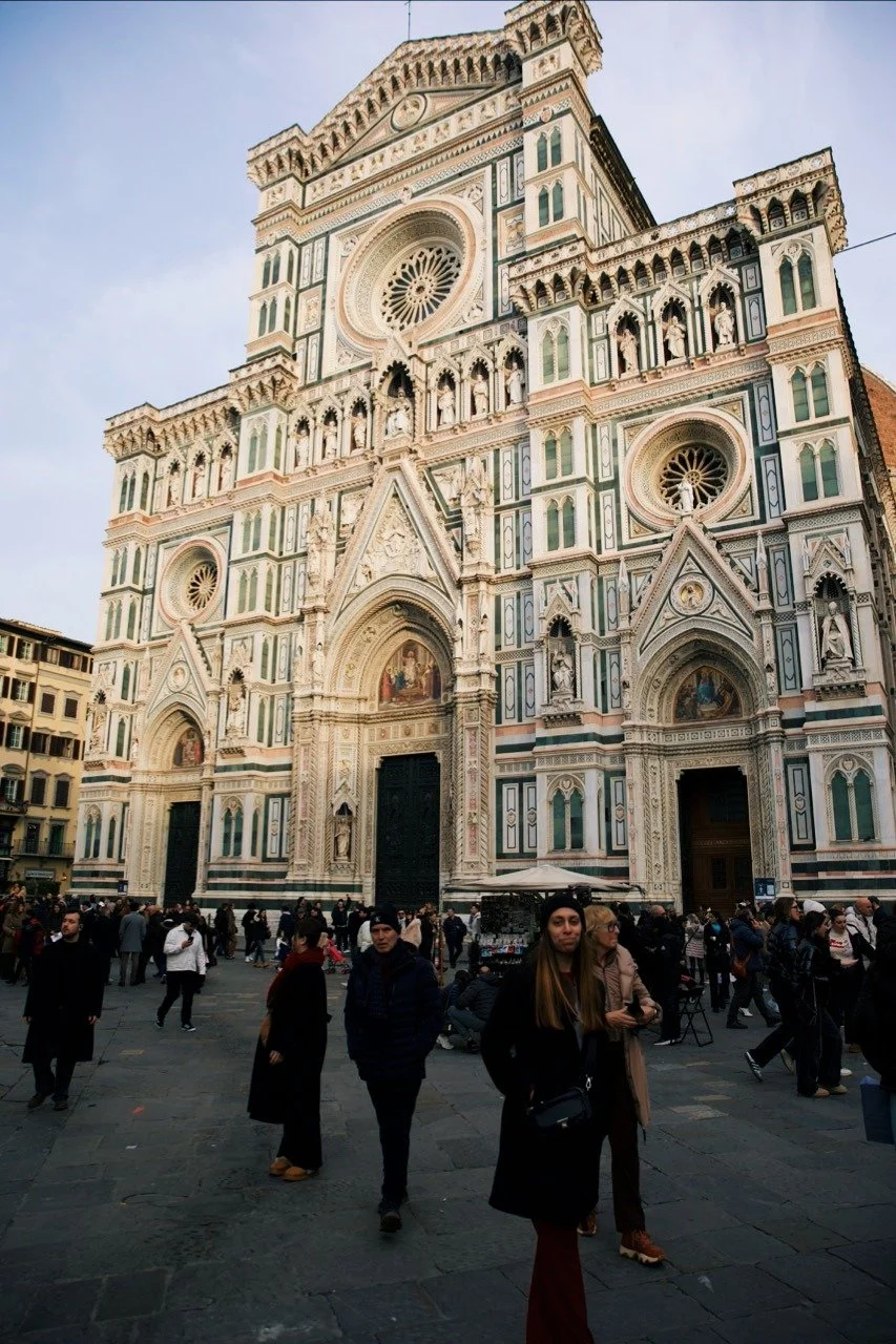 Ornate marble façade of the Cathedral of Santa Maria del Fiore, the Duomo of Florence, Italy.