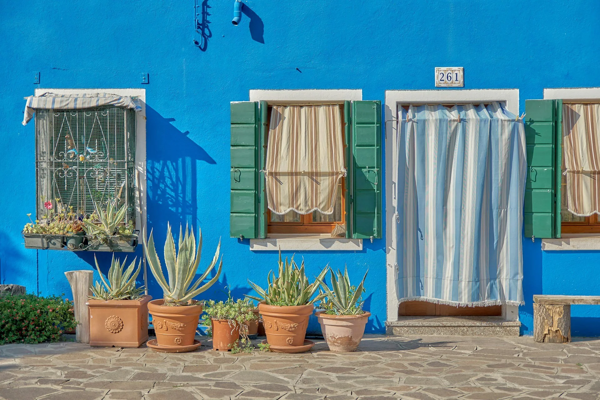 Bright blue house with green shutters and potted plants outside a colorful home on the island of Burano near Venice, Italy.