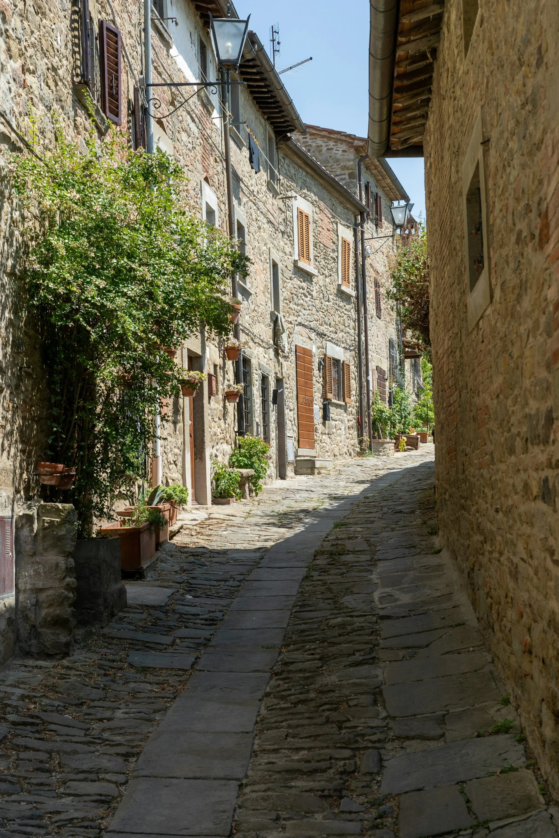 Narrow cobblestone street lined with rustic stone homes, wooden shutters, greenery, and traditional lanterns in Tuscany, Italy.