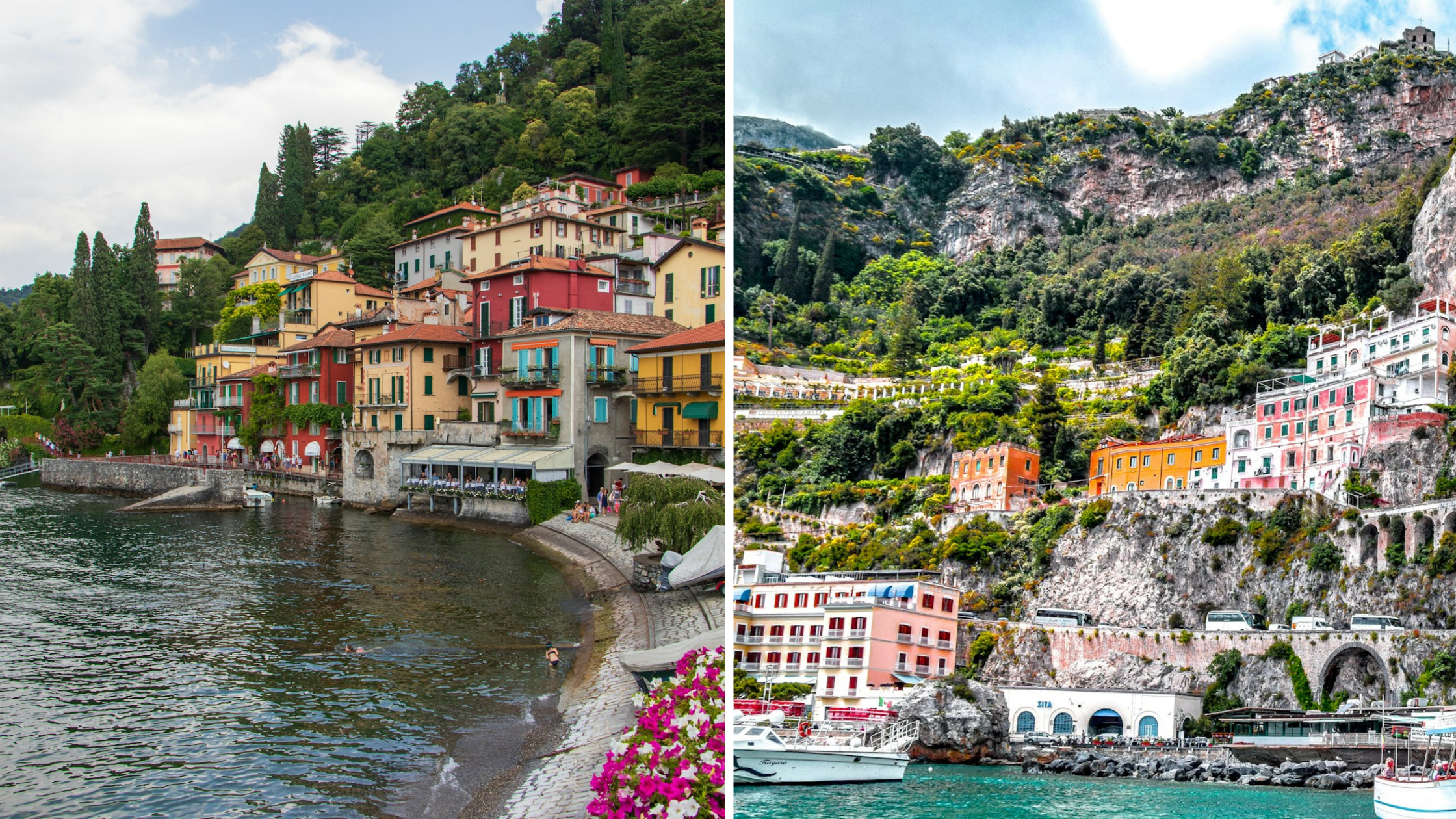 split image of lake como on the left and amalfi coast on the right