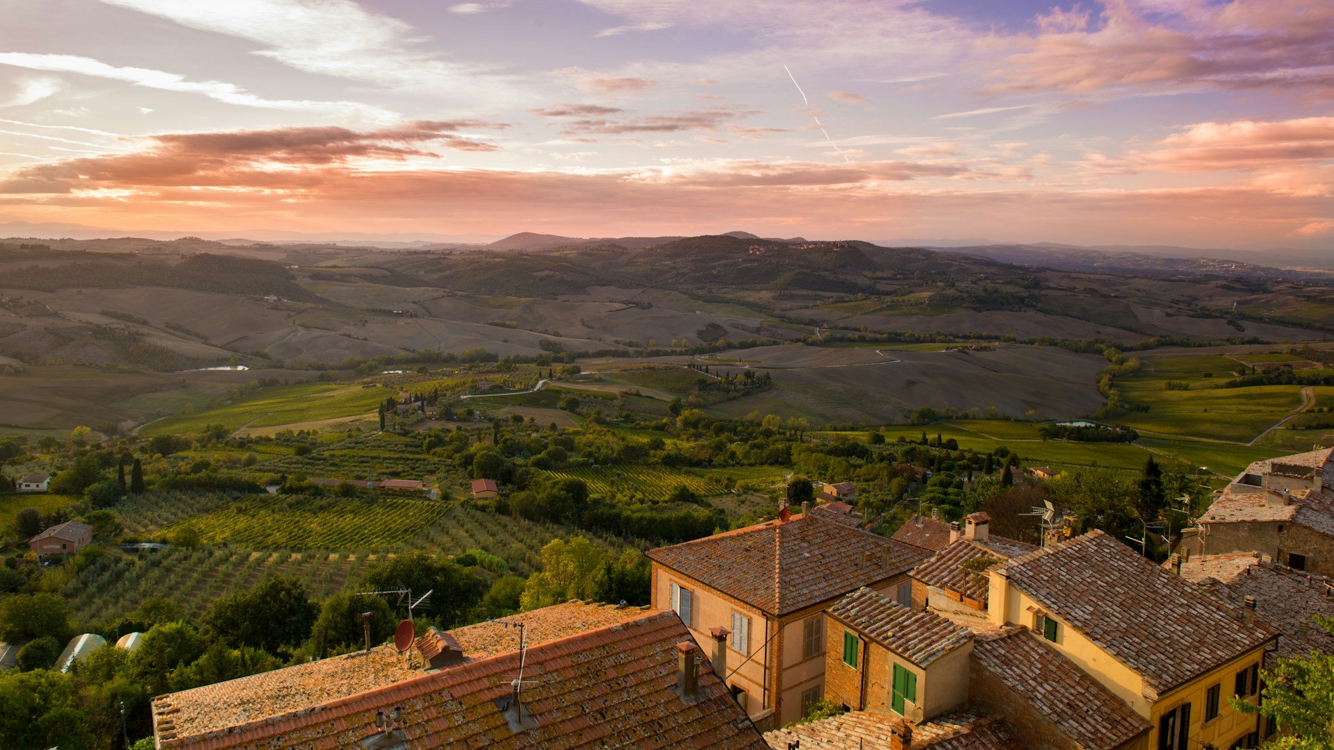 aerial view over Tuscany at sunset