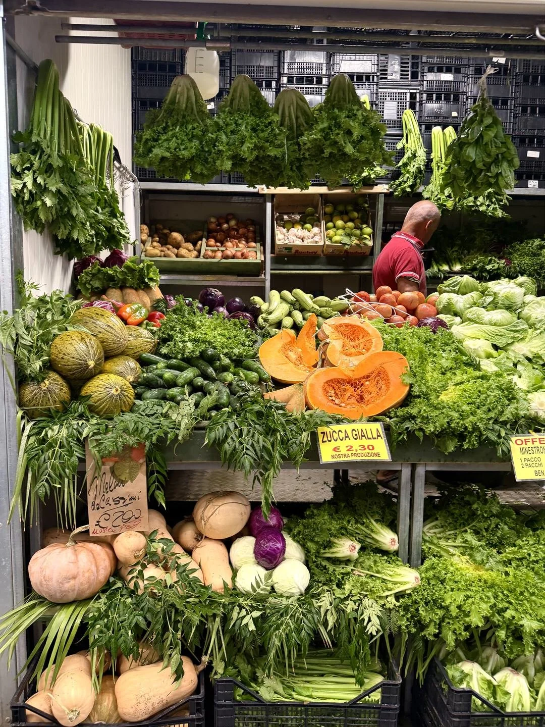 Colorful display of fresh seasonal vegetables at an Italian market, featuring pumpkins, melons, leafy greens, zucchini, and locally grown produce.