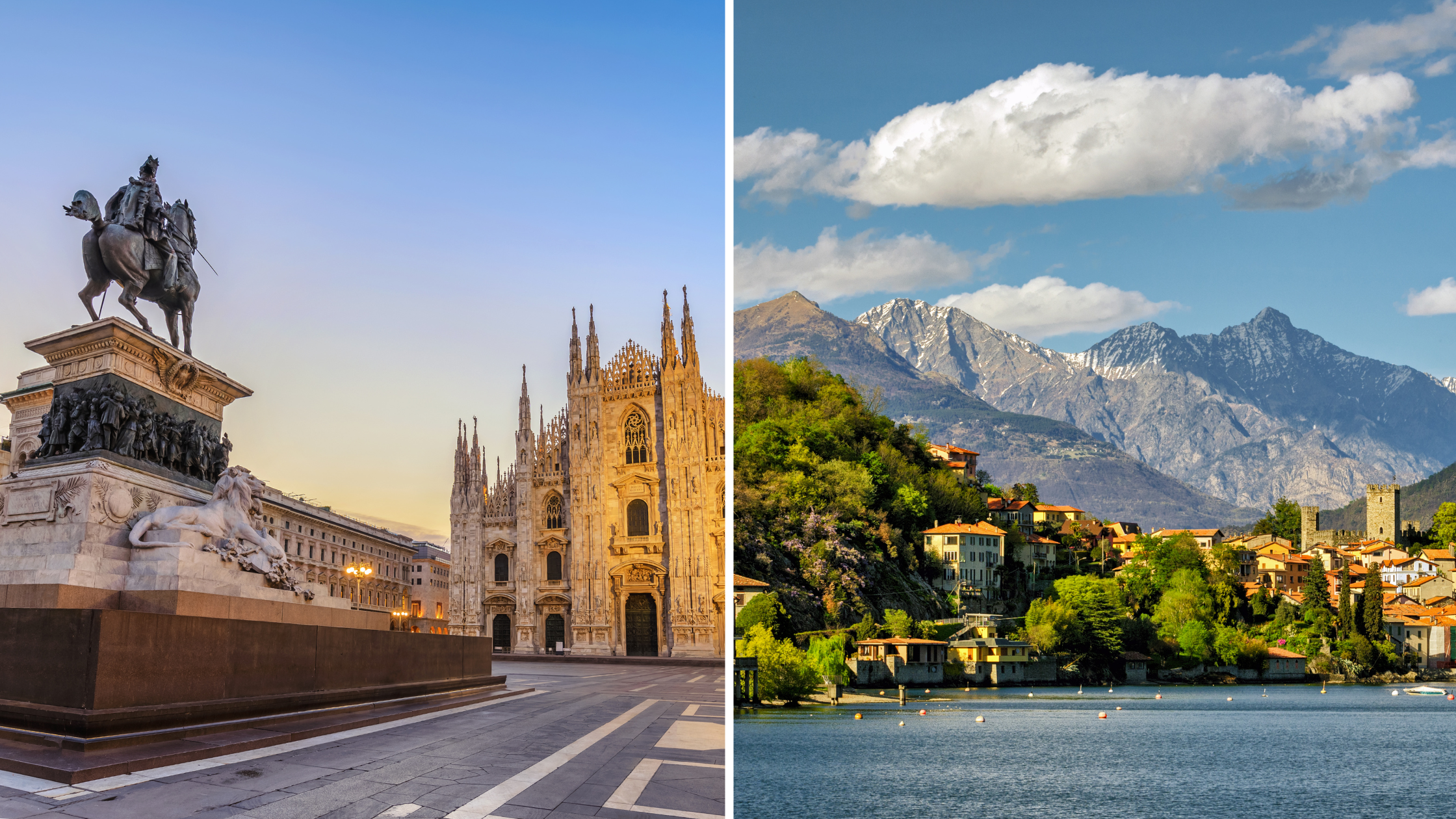 split screen with Milan in one image and Lake Como scene in second side