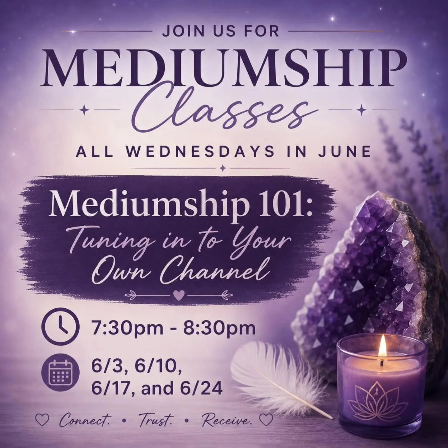 Sign up for mediumship classes with Meg!  Don&rsquo;t miss your spot, sign up today! ✨✨✨

All classes will be held at Spirit Well Sensory Lounge in Stuart!

All Wednesdays in June: 6/3, 6/10, 6/17, &amp; 6/24