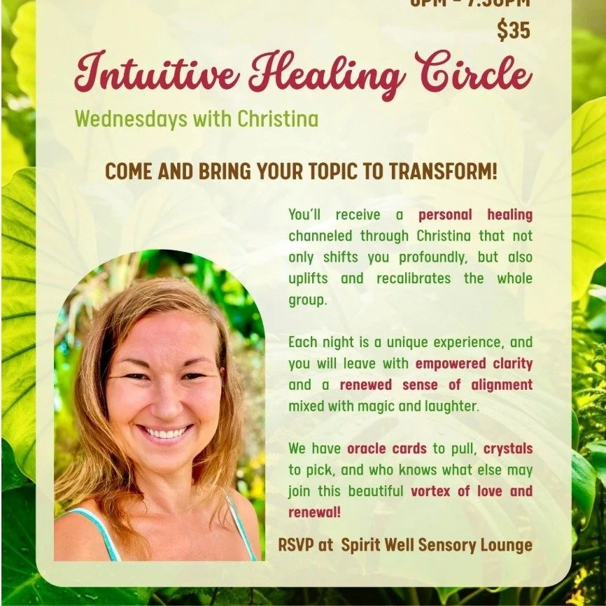Tonight and every Wednesday from 6-7:30, join the Intuitive Healing Circle with Theta Healer Christina Longbottom.

The group provides a grounded and loving container for everyone to feel heard, receive guidance and channel the unique healing that th
