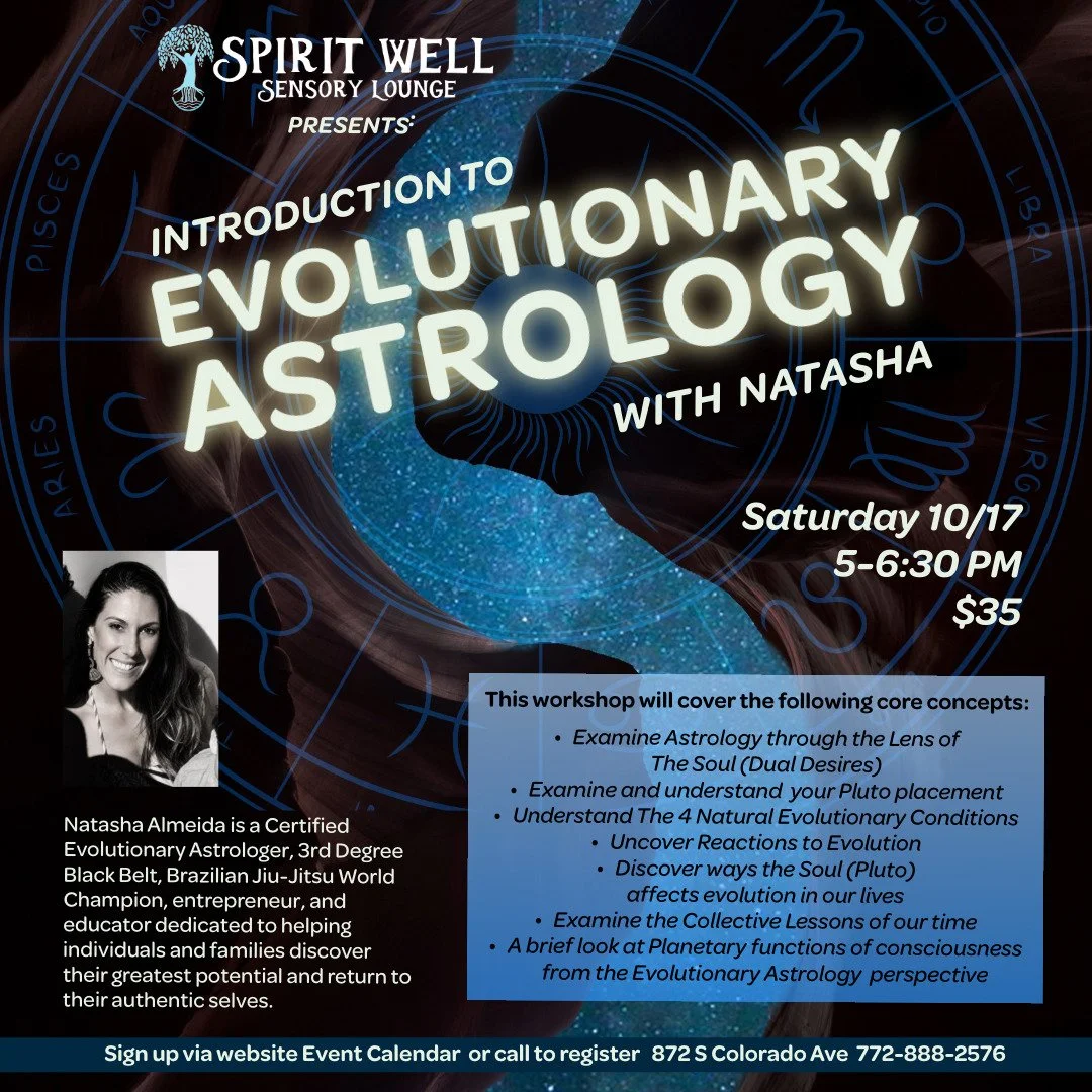 This Saturday at Spirit Well! 

Evolutionary astrology is a branch of astrology that treats the birth chart as a spiritual roadmap of the soul's journey, past lives, and ongoing evolution across multiple incarnations.

Core principles include:

&bull