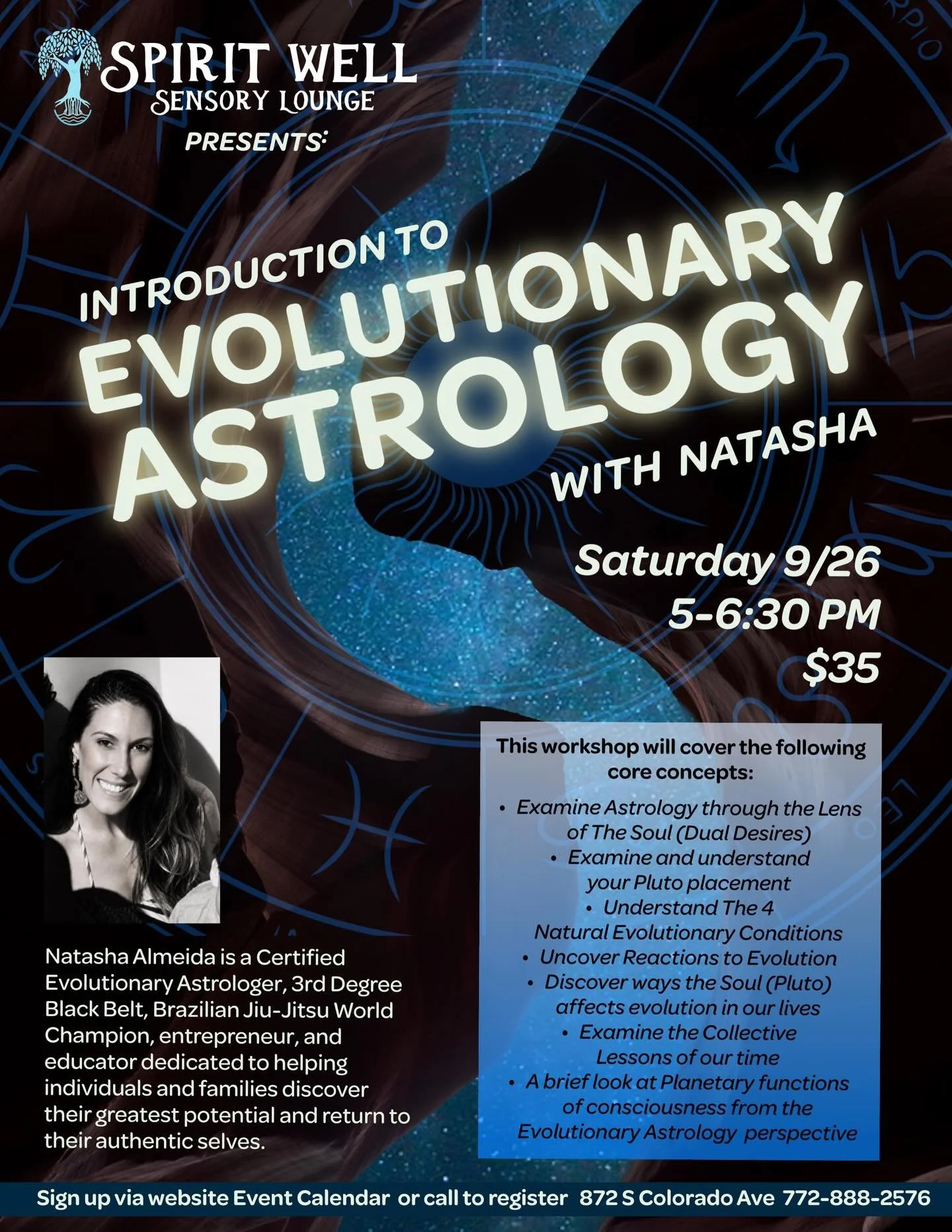 Tonight at Spirit Well! Join us for this introductory evening learning about the unique aspects of evolutionary astrology with Natasha.

if you have been challenged by patterns in relationships, family dynamics or workplace situations that seem to be