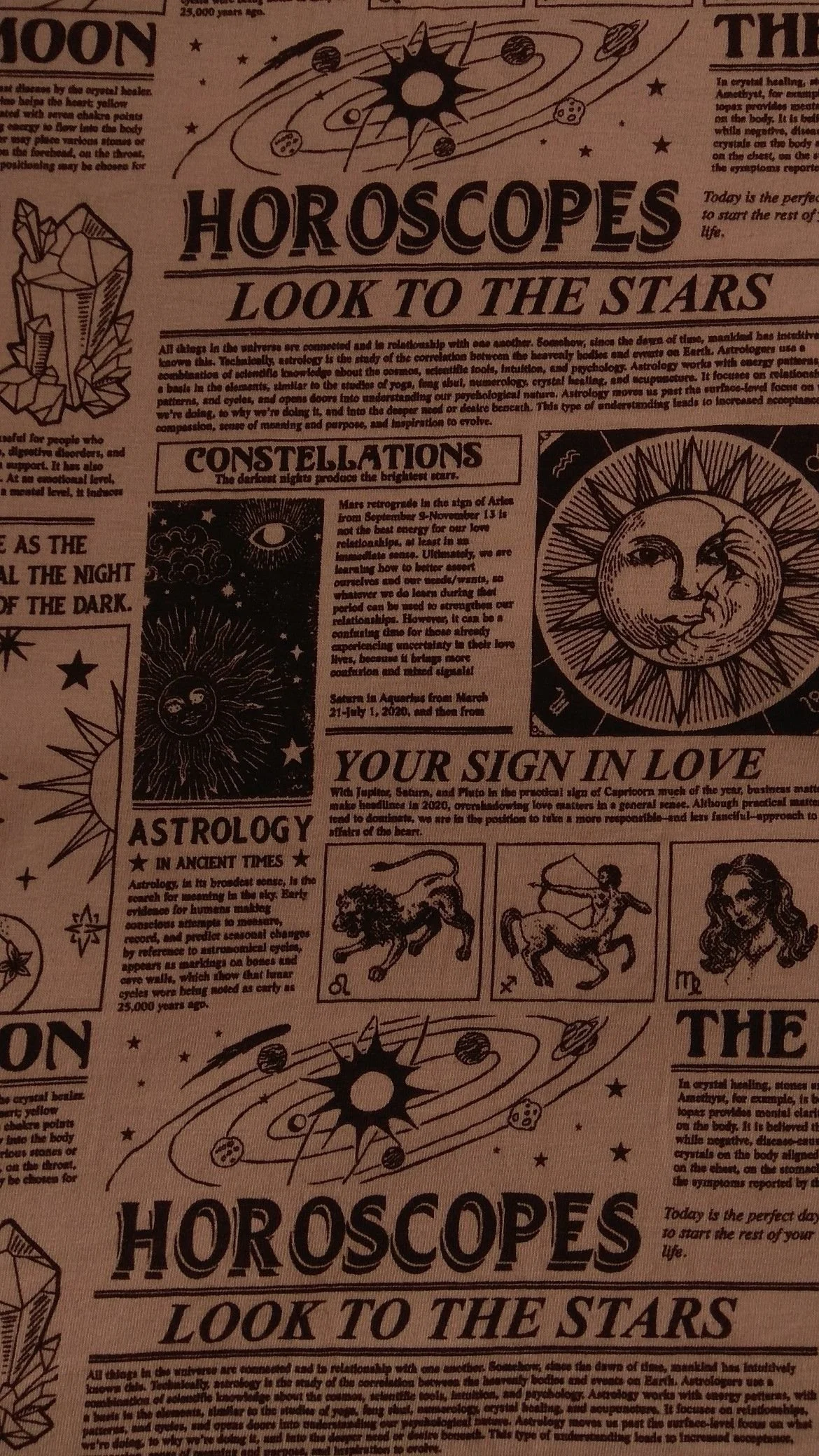 A detailed astrology newspaper page with illustrations of celestial bodies, zodiac signs, and horoscopes. Features include a sun and planets graphic, a moon illustration, zodiac signs such as Aries, Leo, and Scorpio, and text about constellations and astrology.