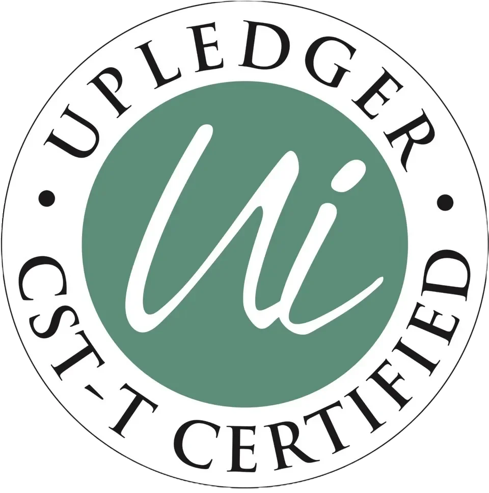 Circle logo with a green center and white cursive 'u'; outer ring with black text reading 'UP LEDGER' at the top and 'EST. T CERTIFIED' at the bottom.