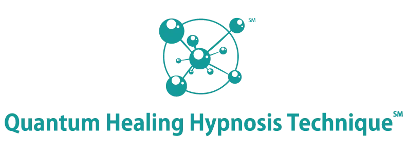 Logo for Quantum Healing Hypnosis Technique with a stylized atom symbol above the text. QHHT with Tracey Etelson at Spirit Well Sensory Lounge in Stuart, Florida.