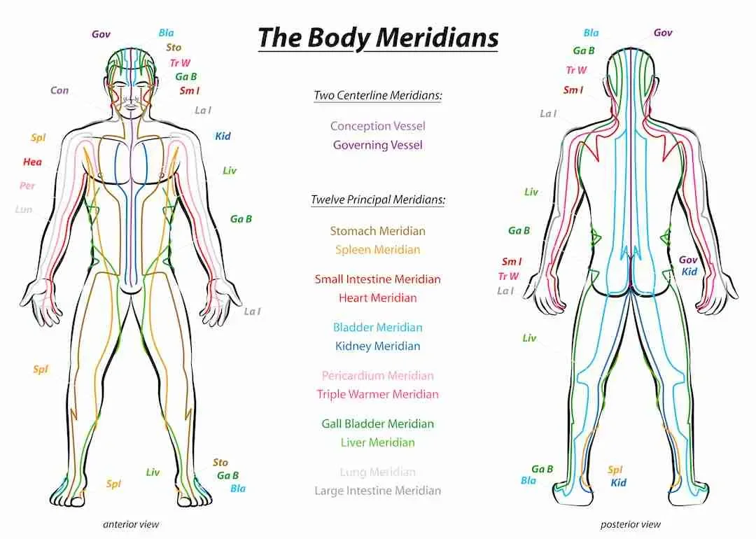 Diagram of the human body showing meridians used in traditional Chinese medicine, with labels and color coding for different meridian pathways on front and back views. Prana and Meridian Therapy with Amy Spicer at Spirit Well Sensory Lounge in Stuart