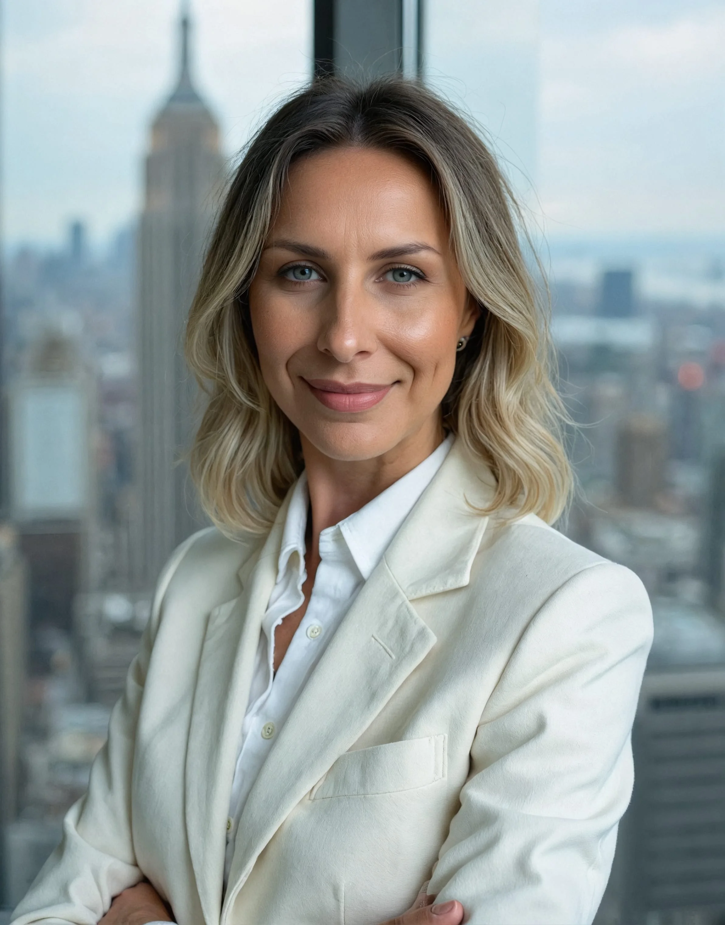 Professional woman in white blazer standing in an office with a city view behind her.