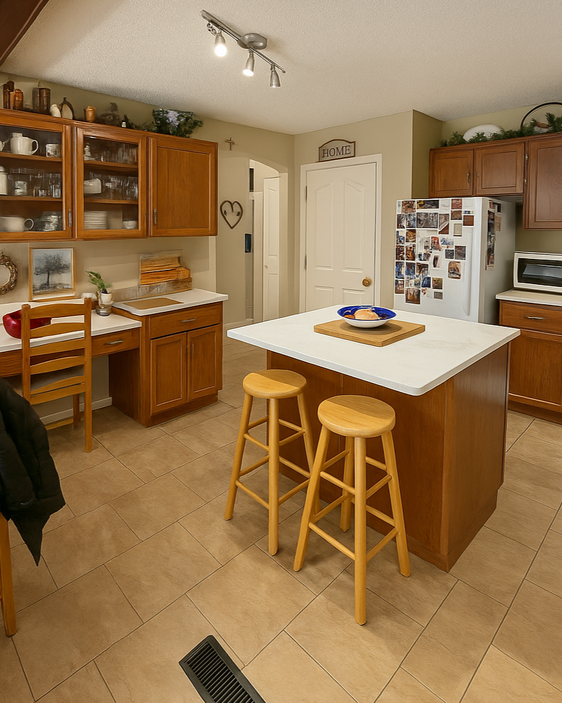 A kitchen with wooden cabinets, a white island, two wooden bar stools, and a refrigerator covered with photos.