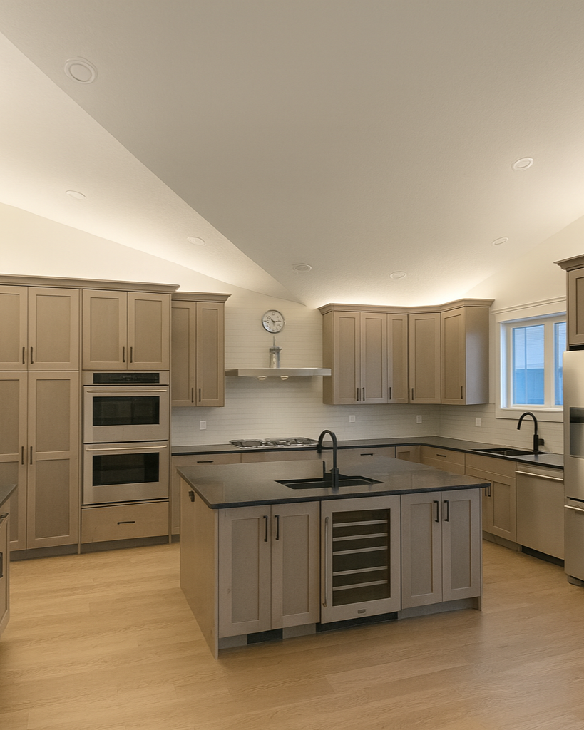 Modern kitchen with beige cabinets, black countertops, a kitchen island with a sink and wine cooler, stainless steel appliances, and a wall clock above the stove.