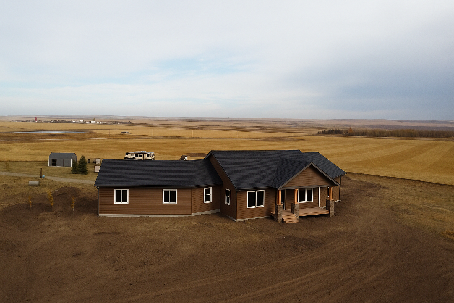 A modern single-story house with a dark roof and brown exterior, situated in a rural landscape with open fields and a few small structures in the background.