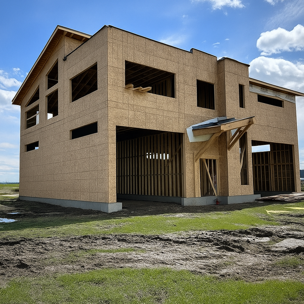 A two-story house under construction with exterior walls partially completed, exposed framing, and some windows installed, situated on a grassy lot with a partly cloudy sky.