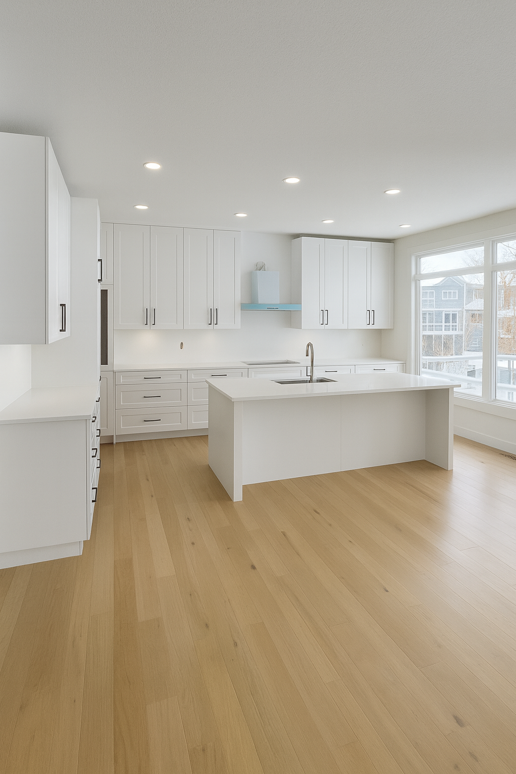 Modern white kitchen with cabinetry, a kitchen island, light wood flooring, and large windows allowing natural light.