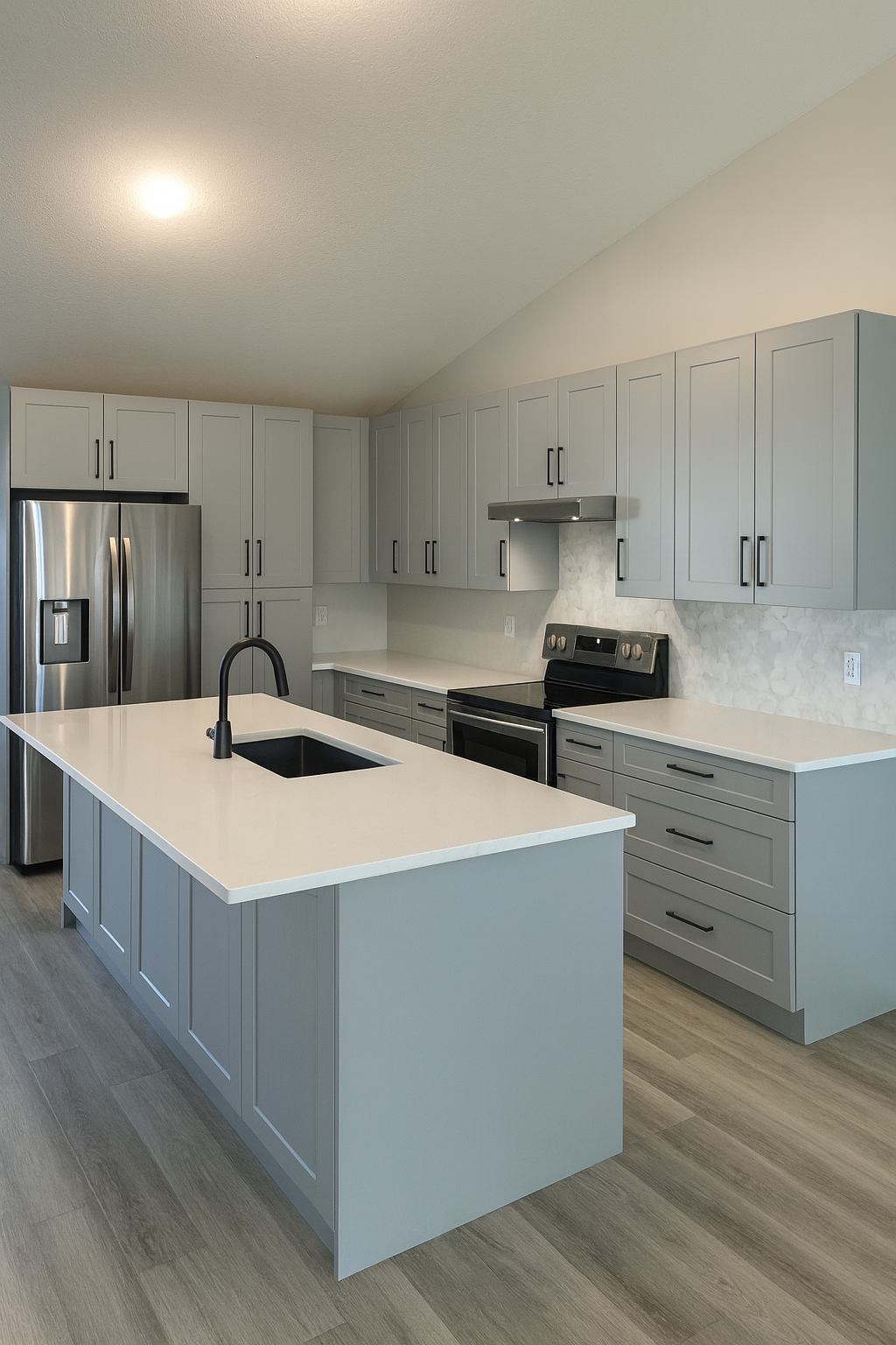 Modern kitchen with light gray cabinets, stainless steel refrigerator, black stove, and a white island with a black sink and faucet, wood flooring, and a textured white backsplash.