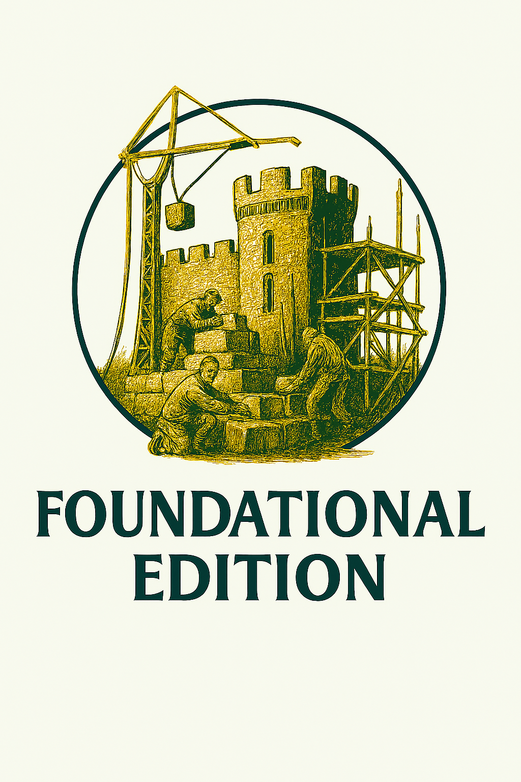 Logo with a castle under construction, workers building stone walls, a tower, a crane, and scaffolding, with the title 'Foundational Edition' below.
