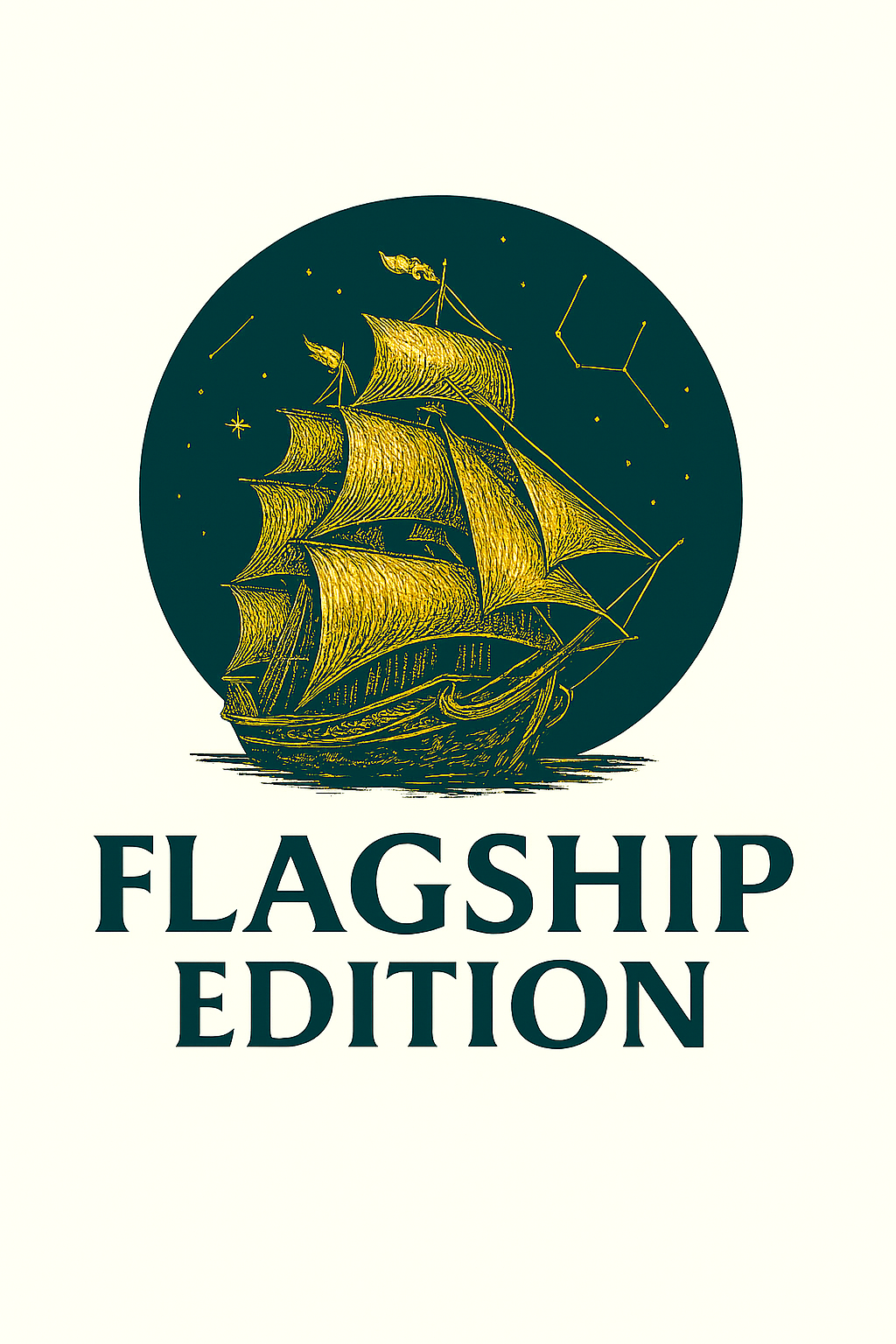 Illustration of a golden ship with sails, set against a dark circle background with stars and constellations, and the text "FLAGSHIP EDITION" below.