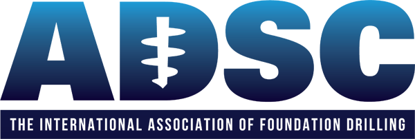 A logo with the text 'ADSC' for The International Association of Foundation Drilling in white on a blue gradient background.