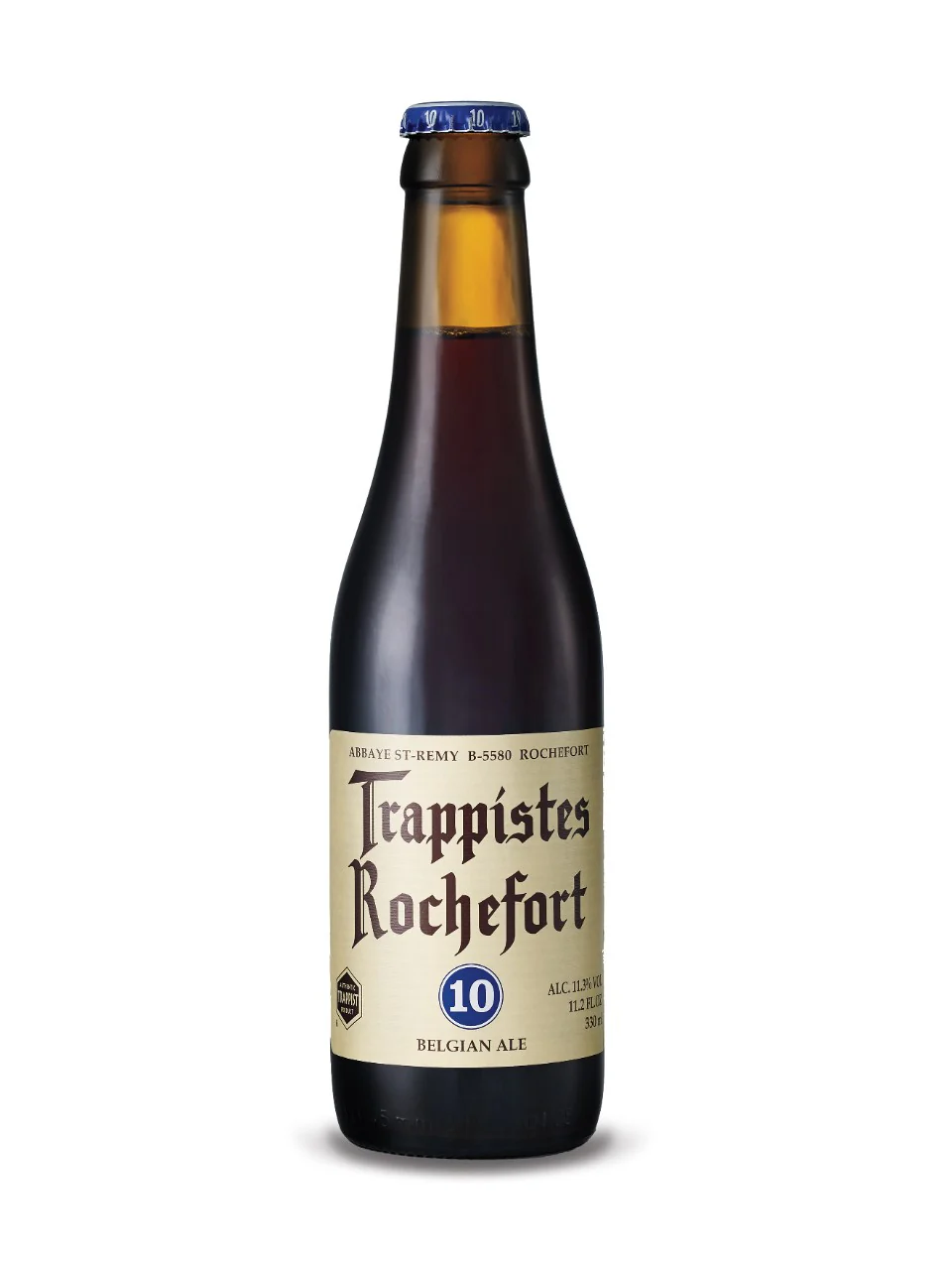 A dark brown beer bottle with a cream label and a blue cap, labeled "Trappistes Rochefort 10 Belgian Ale."