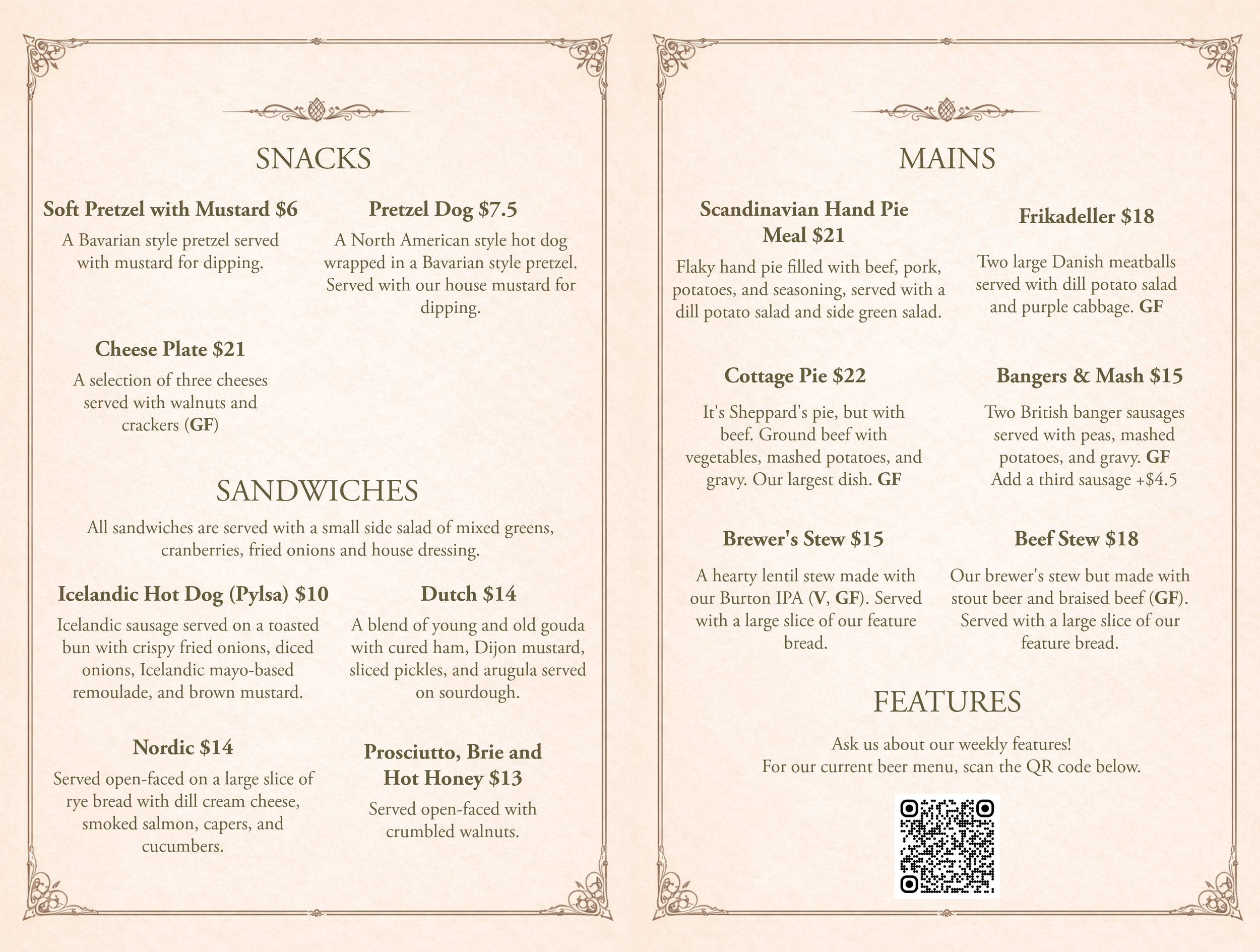 Menu featuring snacks and mains including pretzels, cheese plate, hot dogs, sandwiches, and various dishes like Scandinavian hand pie, cottage pie, Bangers & Mash, brewer's stew, and beef stew.