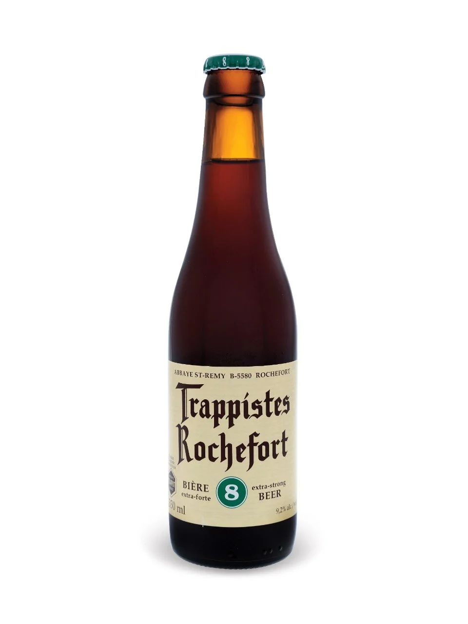 A brown glass bottle of Trappistes Rochefort 8 extra-strong beer with a white label indicating 500 ml volume, 9.2% alcohol, and a green cap against a white background.