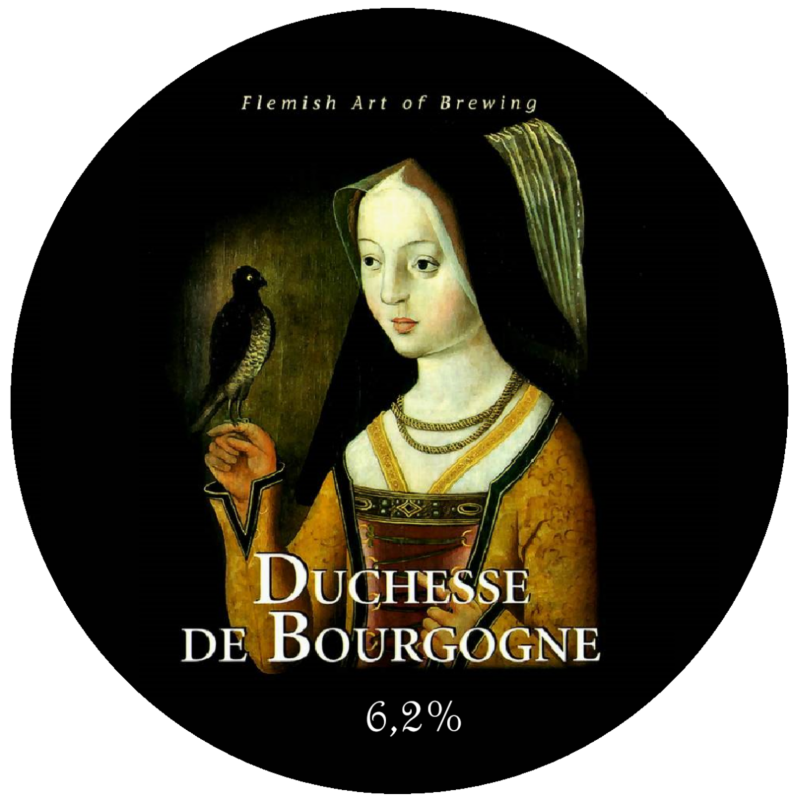 Label for Flemish art of brewing featuring Duchess of Bourgogne, 6.2% alcohol, with an image of a woman in renaissance attire holding a bird, against a dark background.