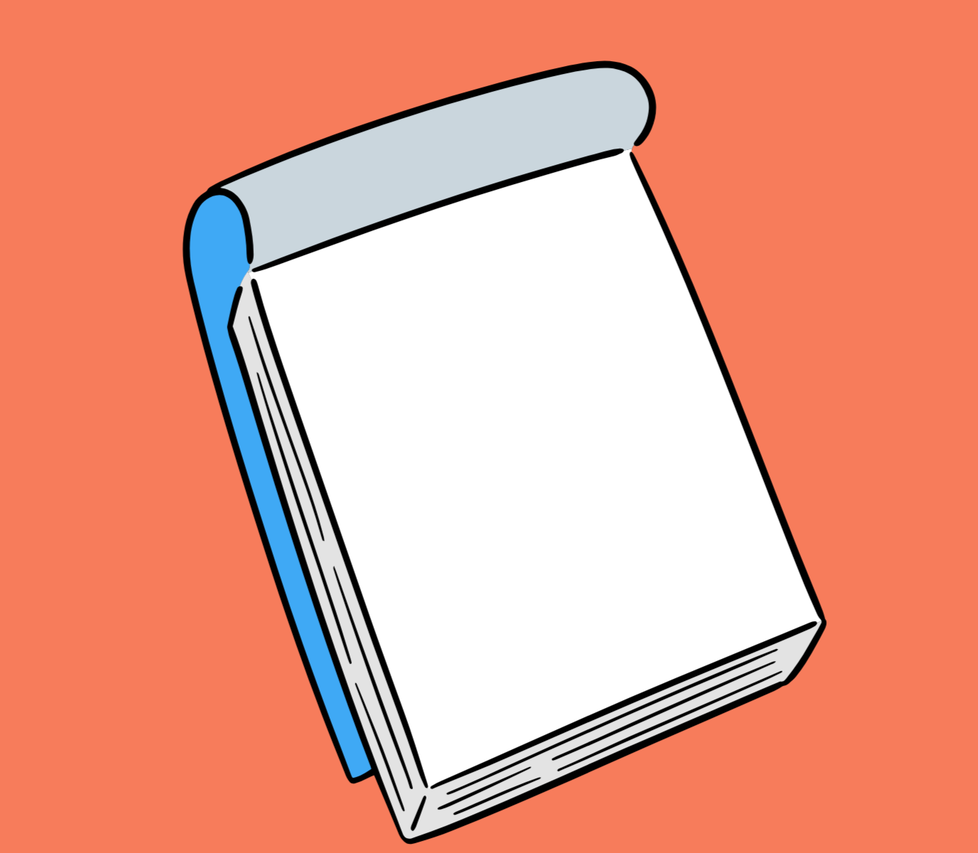 A cartoon-style pocket-sized notebook with a blue cover and a grey spiral binding on top, placed on an orange background.