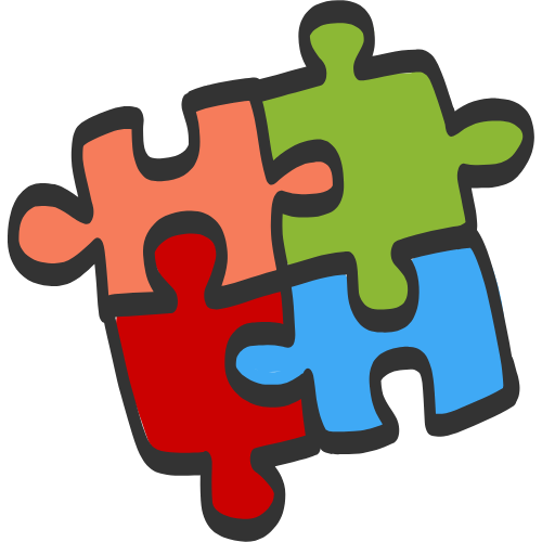 Four interconnected jigsaw puzzle pieces in pink, green, red, and blue against a black background.