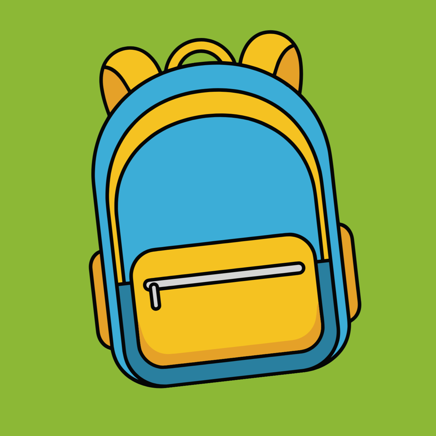 Colorful backpack with a yellow front pocket and brown side pockets, set against a green background.