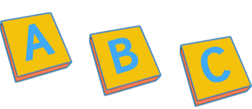 Three toy blocks with the letters A, B, and C, each in blue on a yellow background.