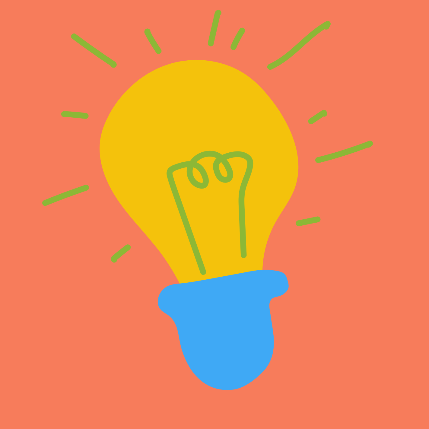 Colorful illustration of a light bulb with a coiled filament, blue base, and orange background, radiating green lines indicating brightness.