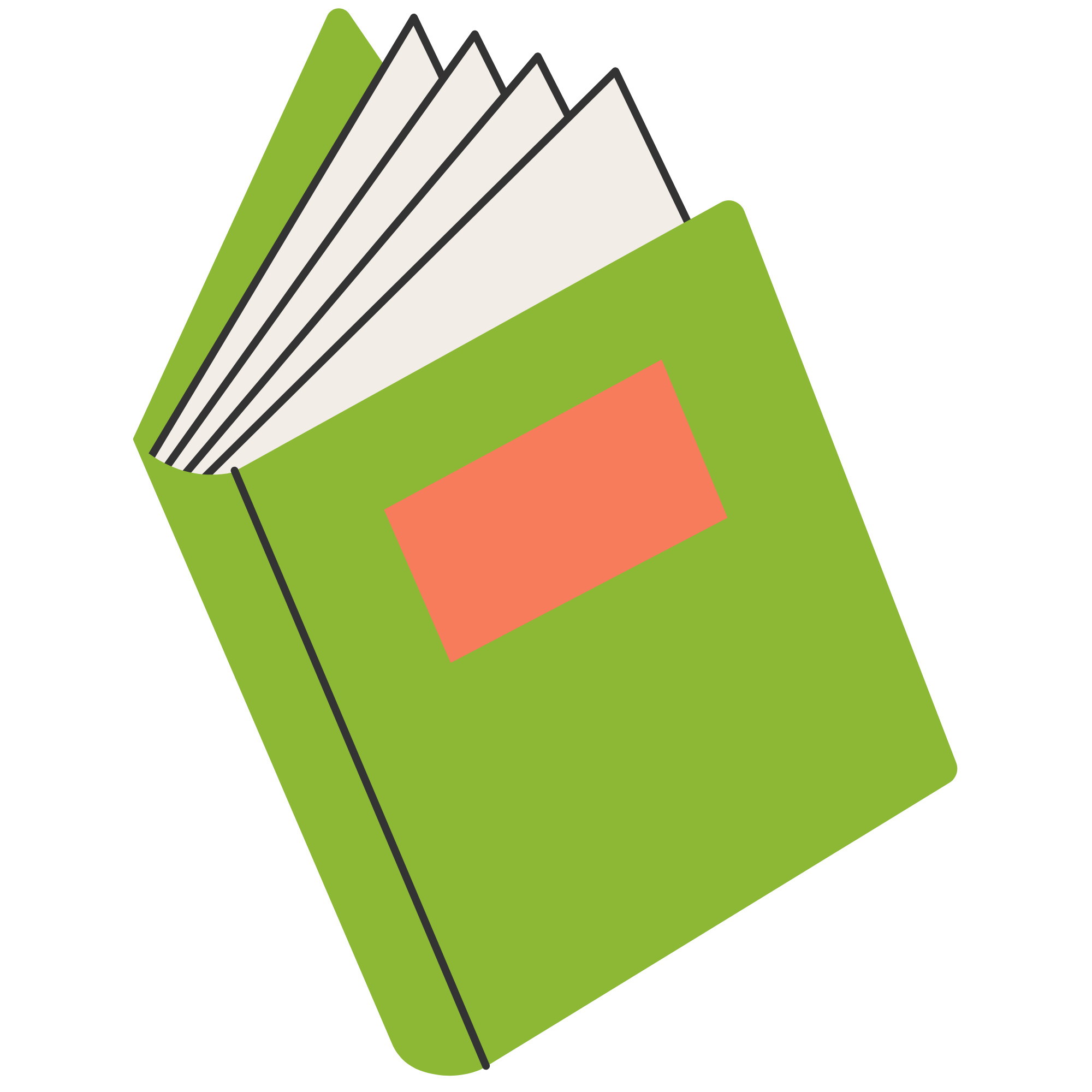 Illustration of a green book with orange rectangle on cover, open to show white pages with black outlines.