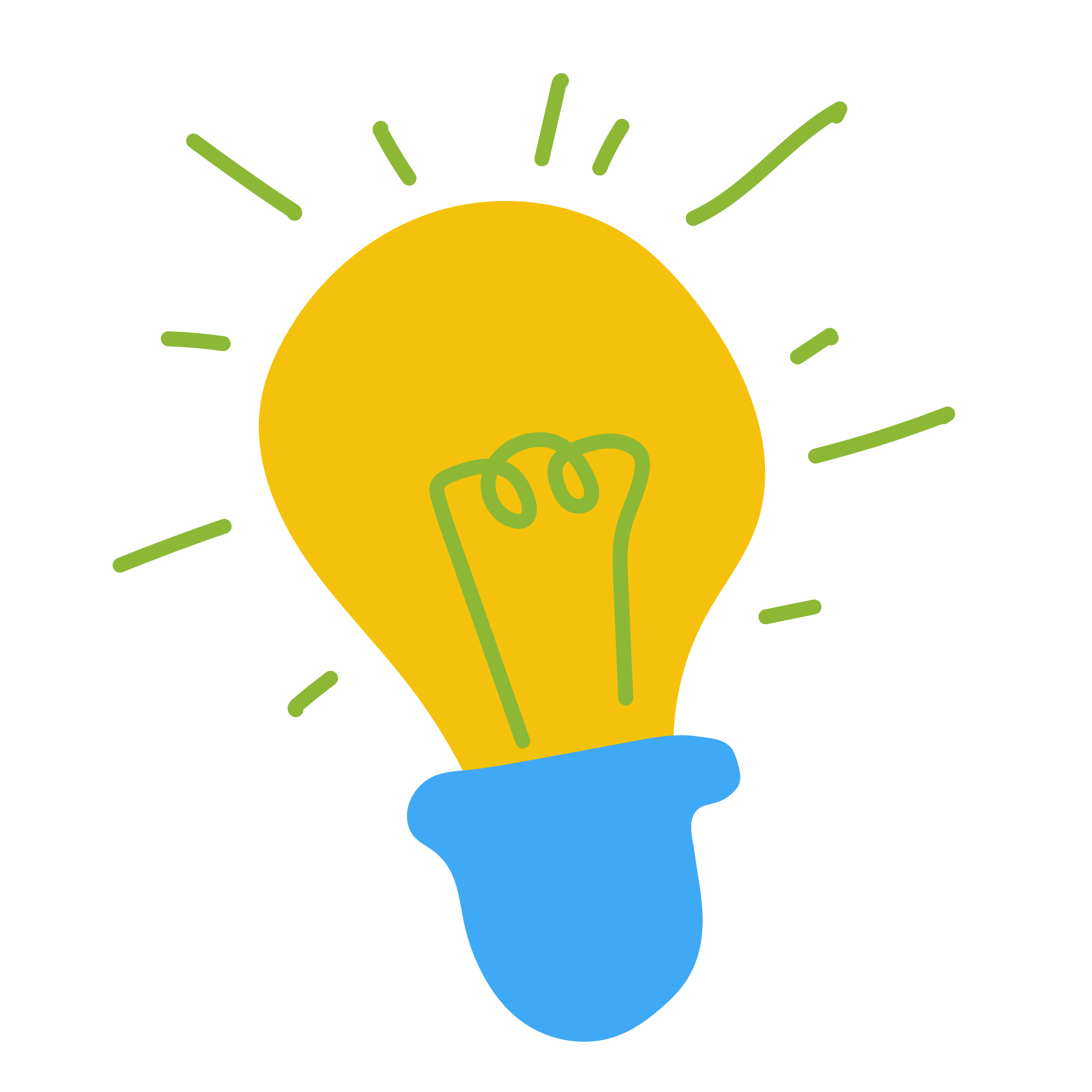 A stylized illustration of a light bulb with a blue base, yellow bulb, green filament, and light rays emanating from it.