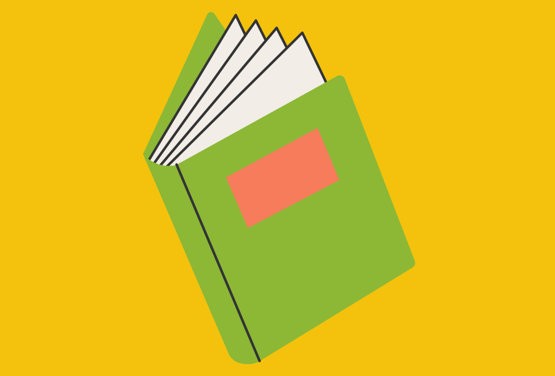 A colorful illustration of an open book with green cover and white pages, set against a yellow background.